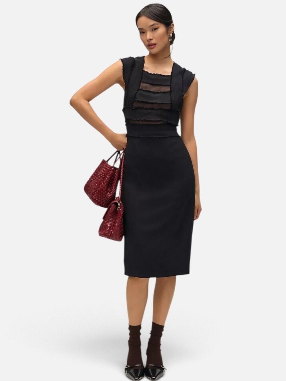 By Anthropologie Black Midi Dress Sz 16 Avant-Garde Raw Edge Artsy Chic Sheer